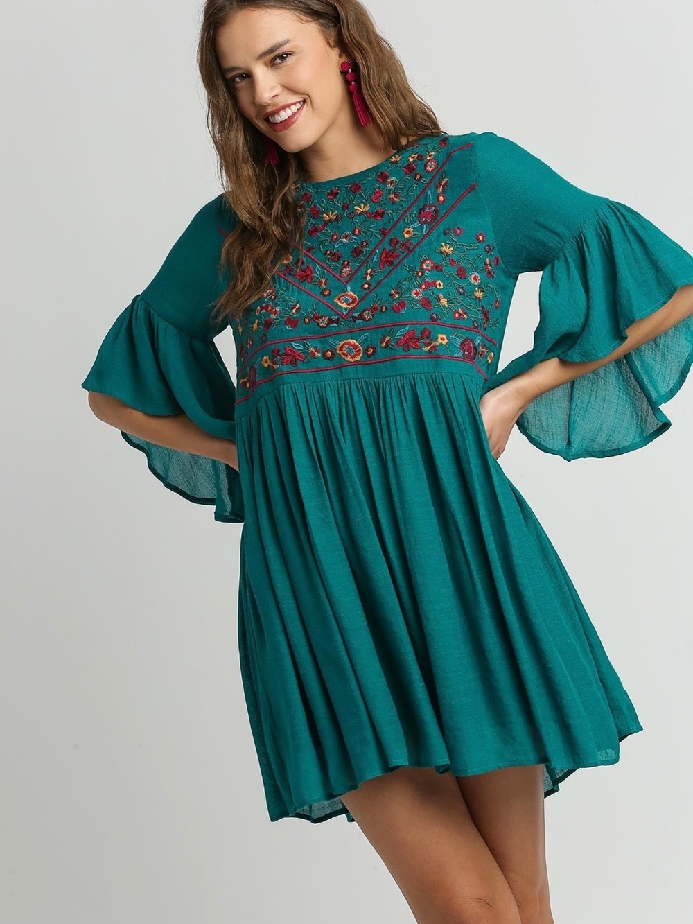 Teal Embroidered Bell-Sleeve Mini Dress